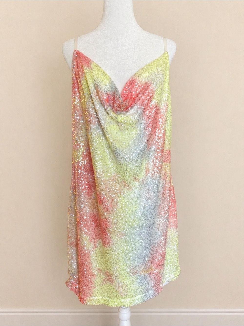 Eloquii Pastel Sequin Cowl Neck Slip Dress - Pink, Yellow, Silver